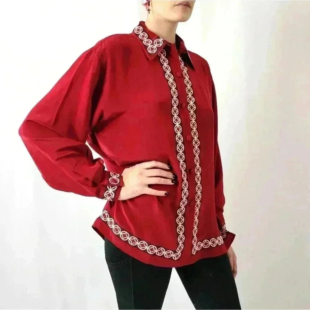 Vintage 90s Diane Von Furstenburg Silk Blouse Button Up Top - S - Picture 7 of 8